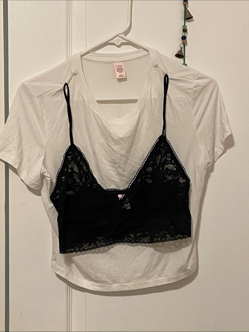 Victoria’s Secret White Short Sleeve Tee with Black Lace Bralette Overlay